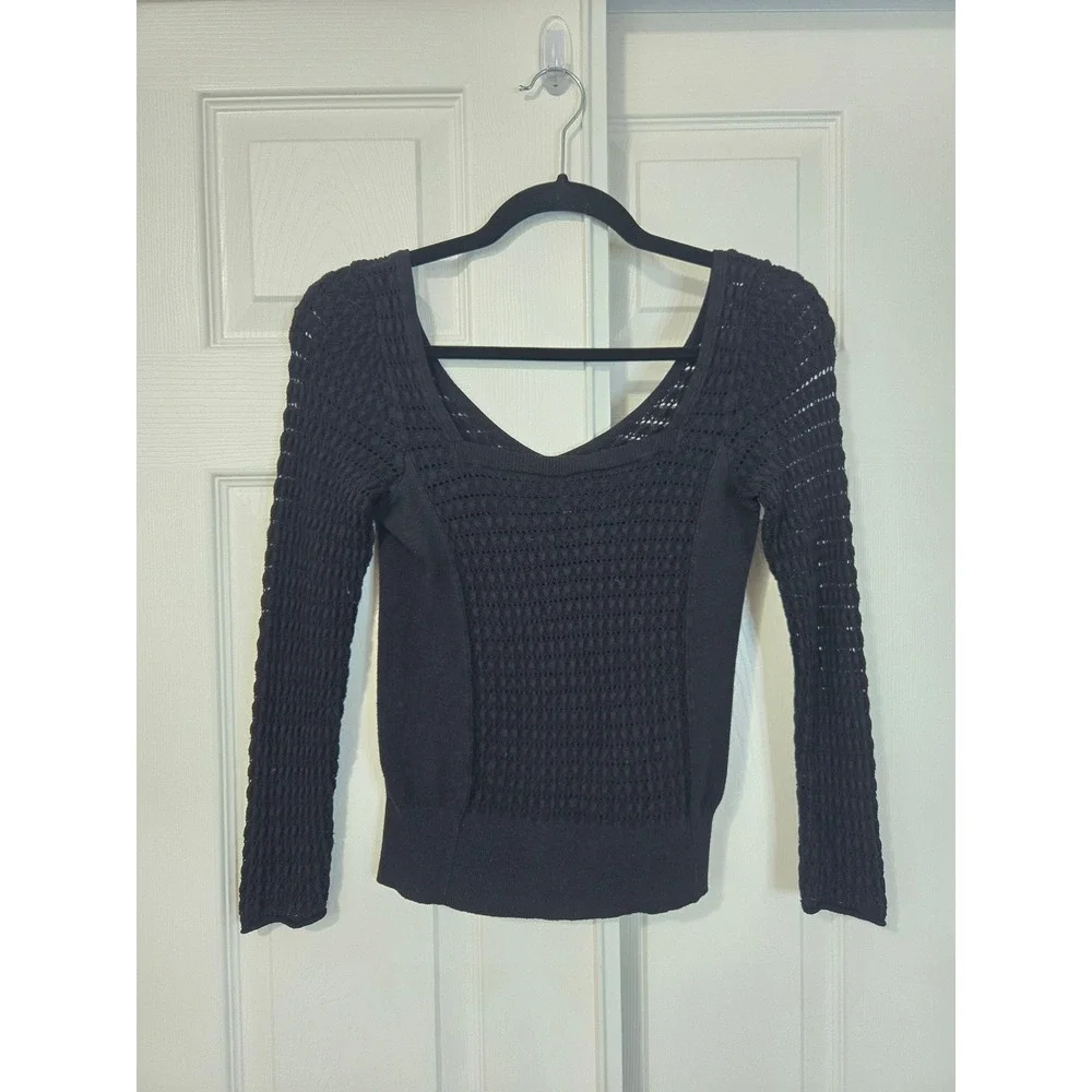 Free People Black Pointelle Open Knit Square Neck Long Sleeve Top Size Large
